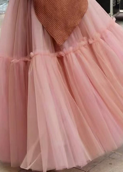 Pink High Waist Patchwork Pleated Tulle Fall Skirts