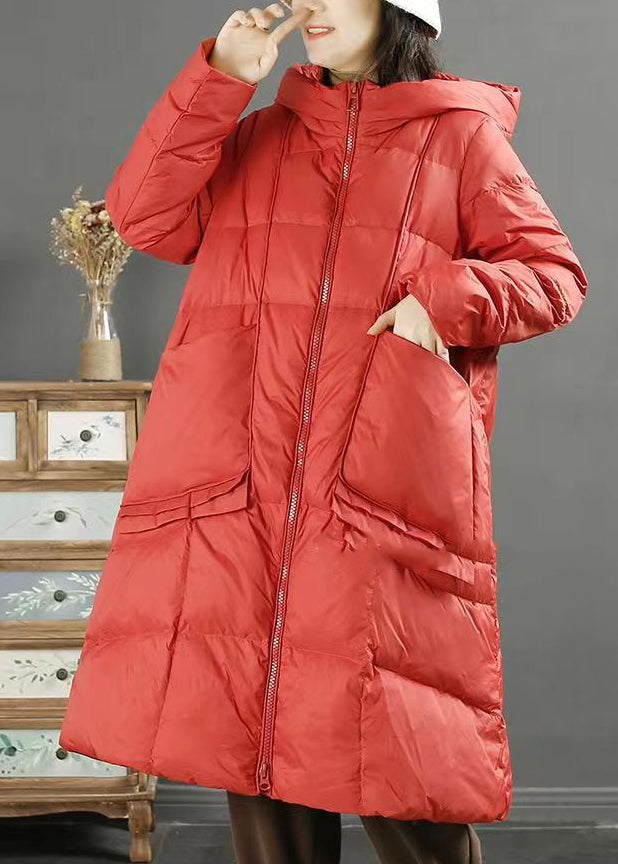 Red Hooded Pockets Zippered Patchwork Duck Down Down Coat Winter