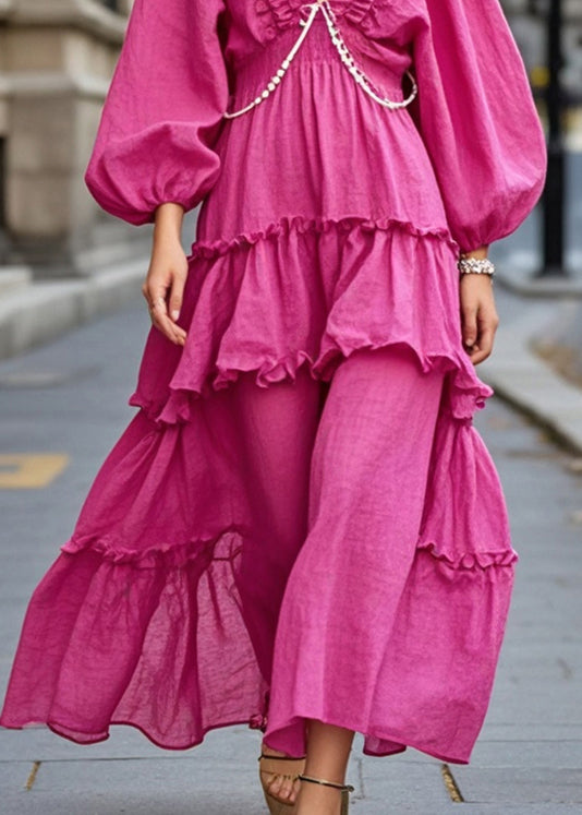 Rose V Neck Ruffled Cotton Ankle Dress Fall
