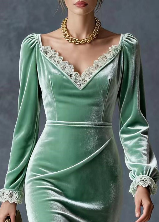 Lake Green Patchwork Lace Silk Velvet Dresses V Neck Spring