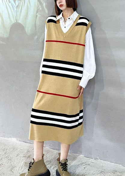Diy Khaki V Neck Striped Fall Knit Sweater Dress