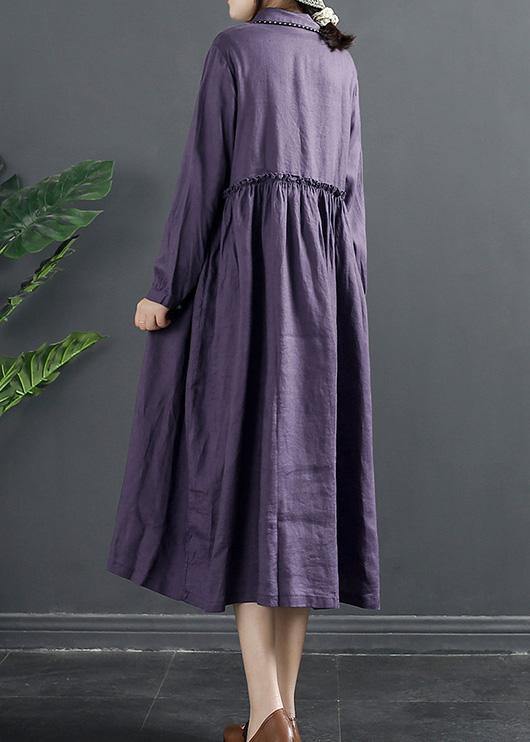 Purple Tunic Pattern Lapel Ruffles Long Dress