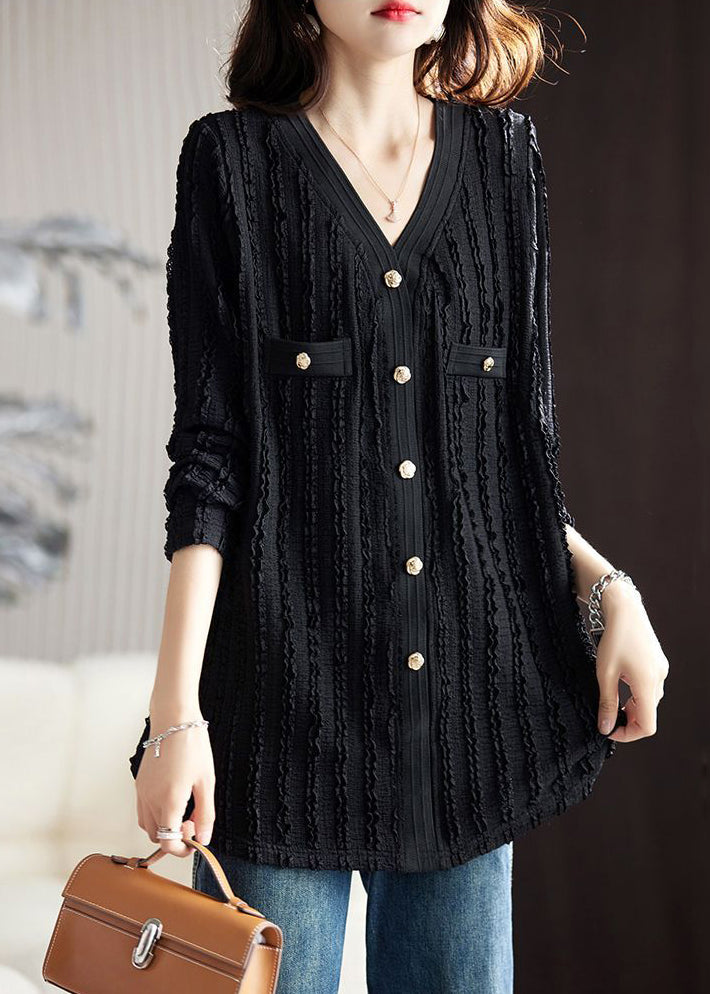 Beige V Neck Wrinkled Pockets Cotton T Shirt Long Sleeve