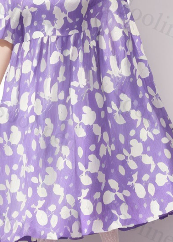 Purple O-neck Print Wrinkled Silk Dress Summer