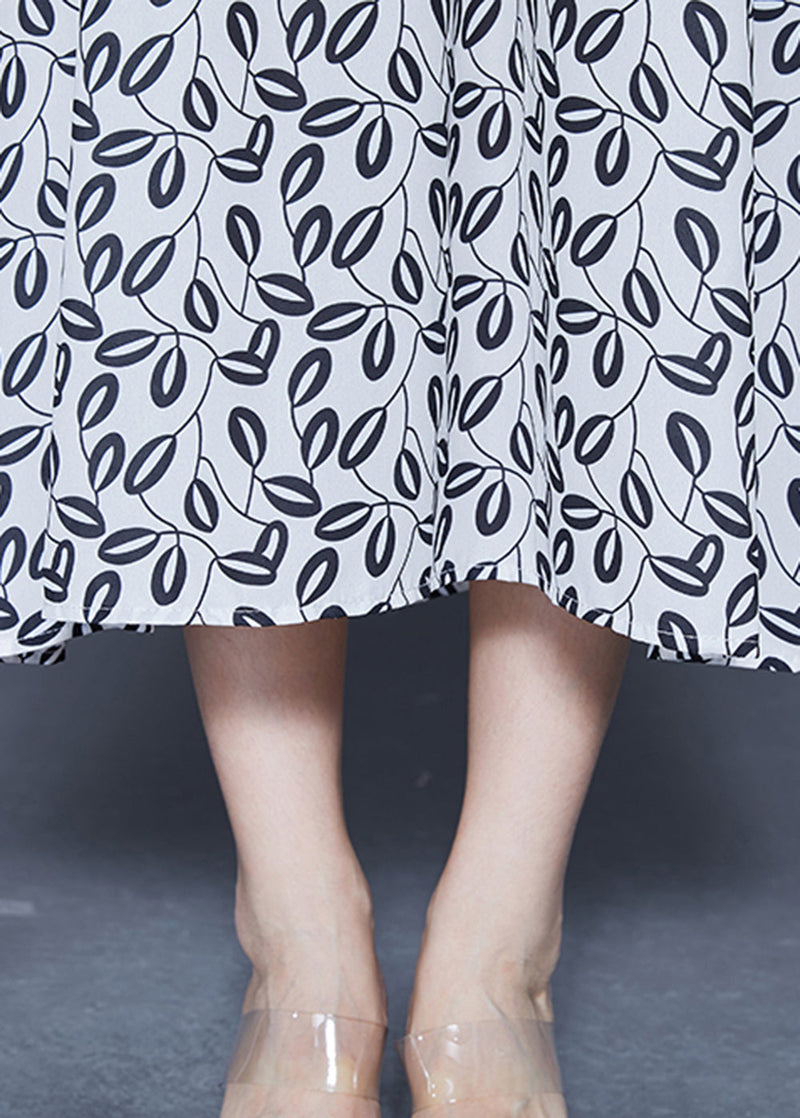 Simple White V Neck Oversized Print Chiffon Long Dresses Spring