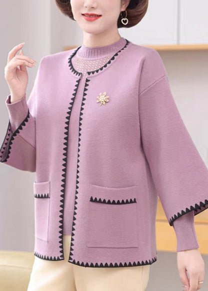 Light Purple O-neck Pockets Cotton Knit Coats and Sweaters Two-piece Set Fall