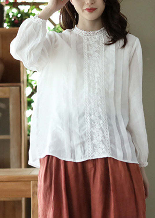 White O-neck Wrinkled Ramie Top Spring