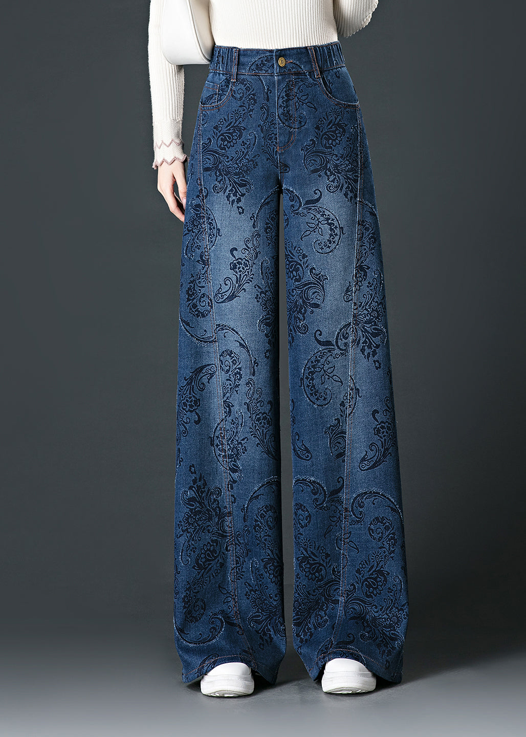 Blue Pockets Print High Waist Wide Leg Jeans Fall
