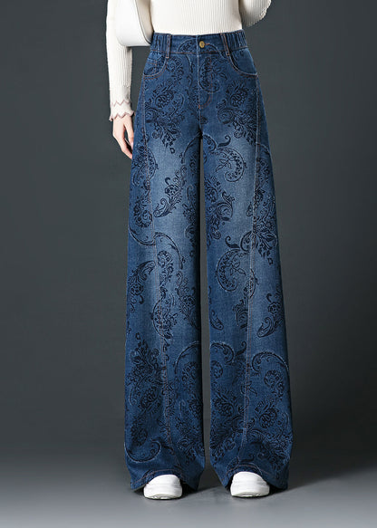 Blue Pockets Print High Waist Wide Leg Jeans Fall