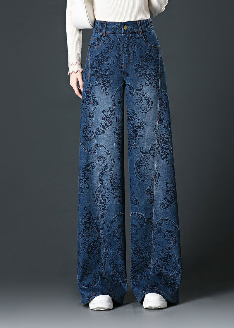 Blue Pockets Print High Waist Wide Leg Jeans Fall