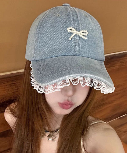 Blue Lace Bead Bow Patchwork Denim Baseball Cap Hat