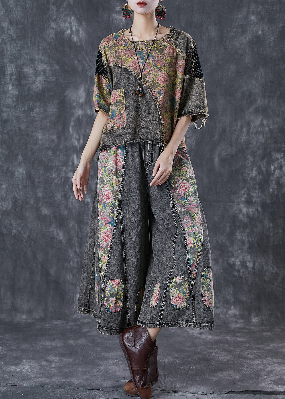 Diy Asymmetrical Patchwork Denim Two Piece Set Clothing Fall