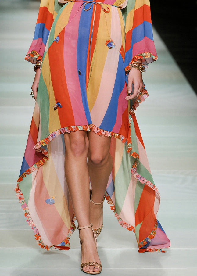 Multicolored Striped Asymmetrical Ruffled Chiffon Holiday Dress Summer