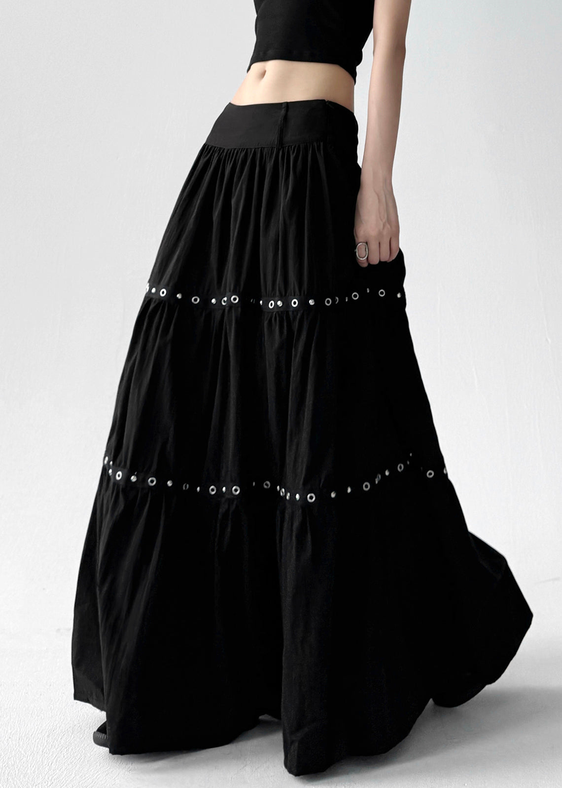 Black Wrinkled Patchwork Elastic Waist Cotton a Line Skirts Summer
