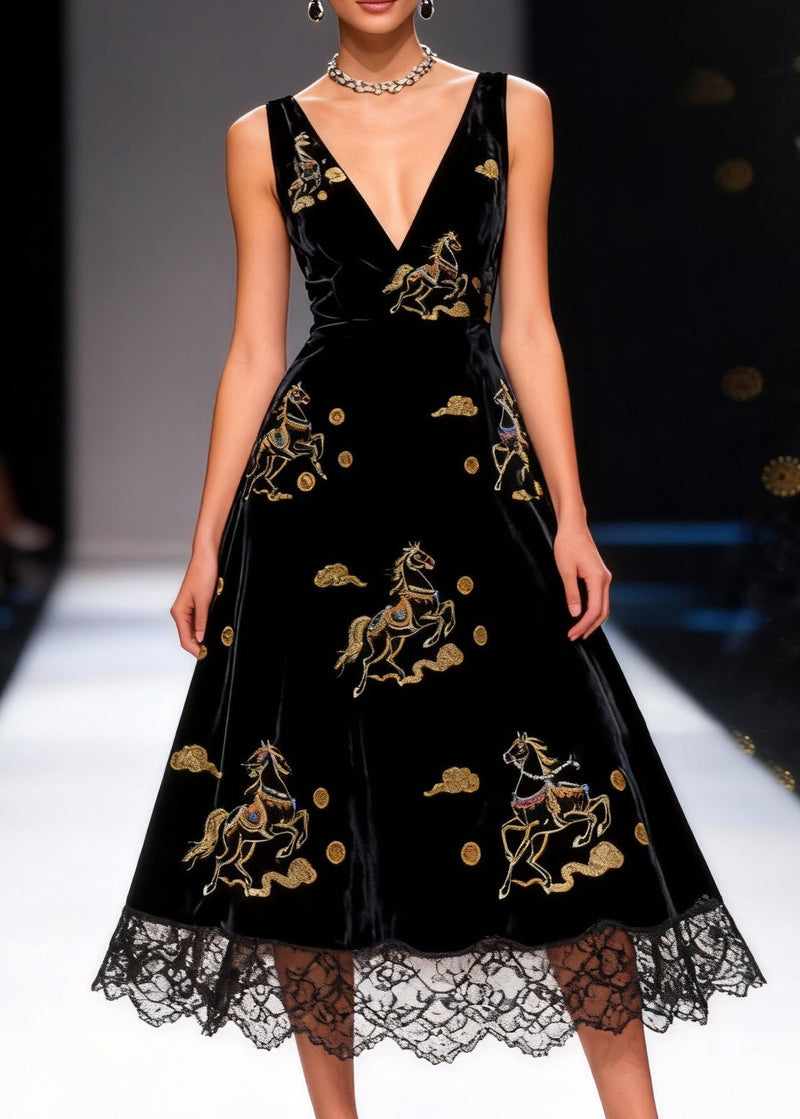 Black Print High Waist Silk Velvet Long Dresses V Neck Summer