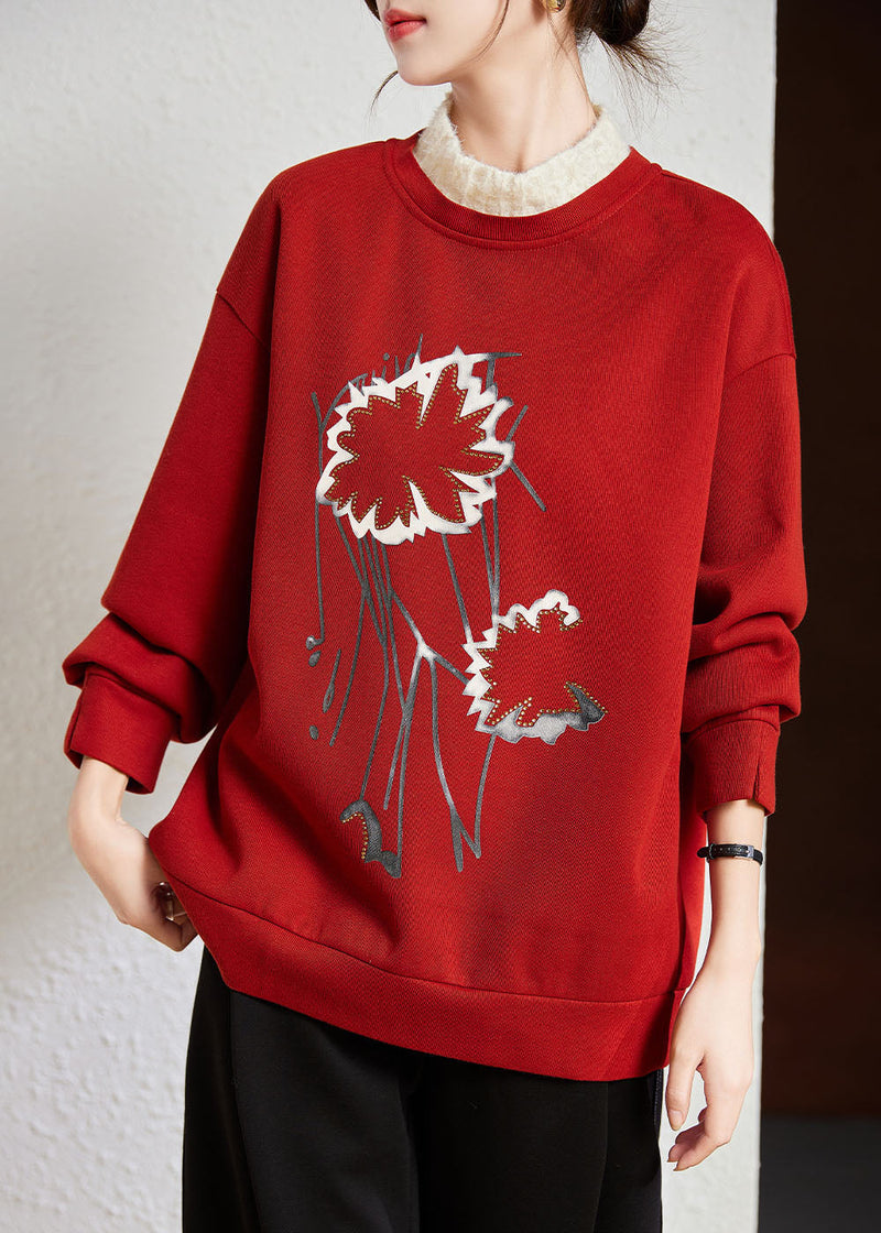 Red Turtleneck Patchwork Print Fake Two Pieces Fleece Sweatshirt Winter