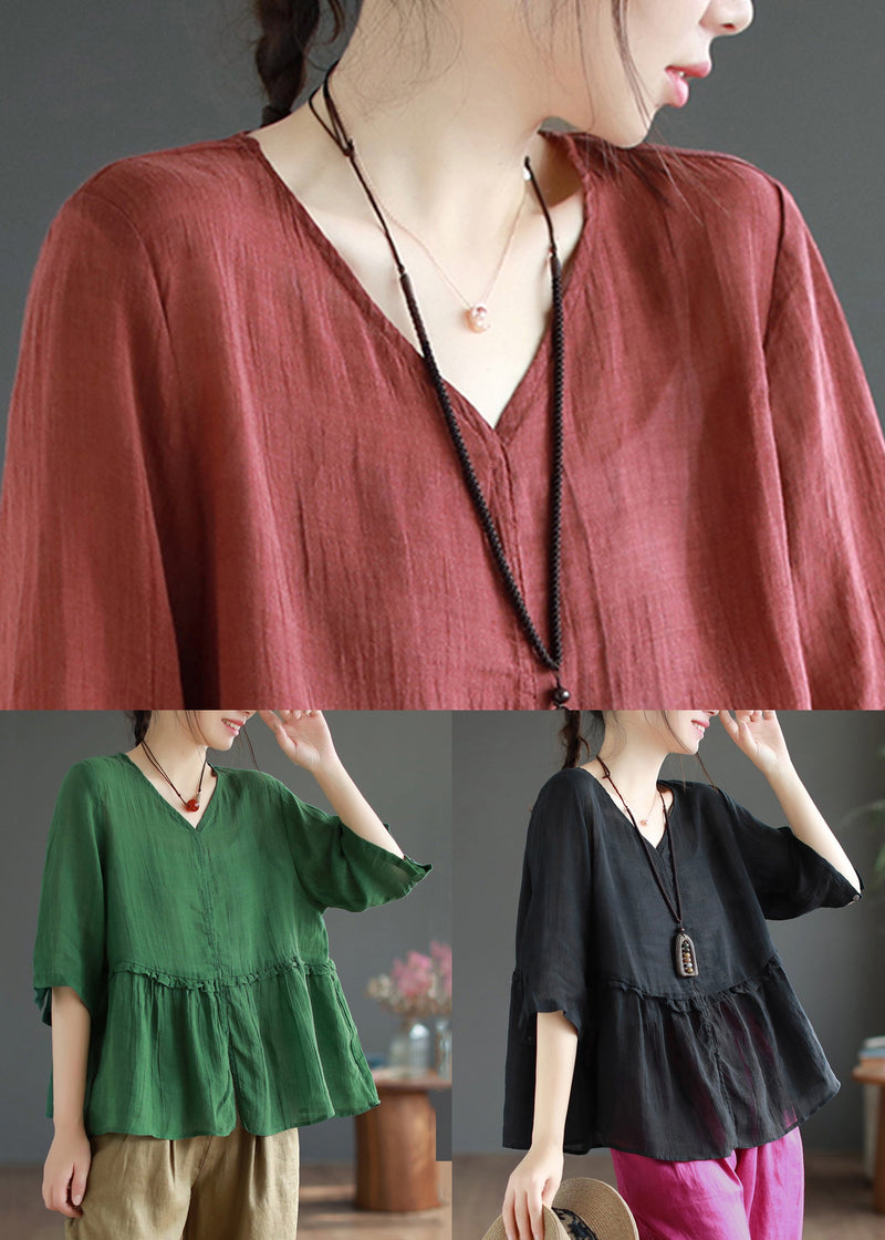Wine Red Ruffled Side Open Patchwork Linen Shirts Summer
