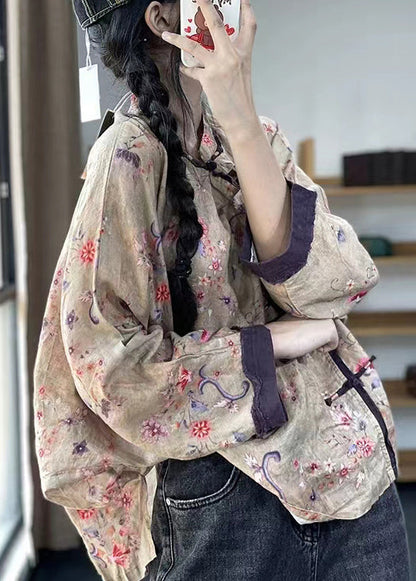 Loose Gray Bamboo Button Print Patchwork Cotton Shirts Long Sleeve