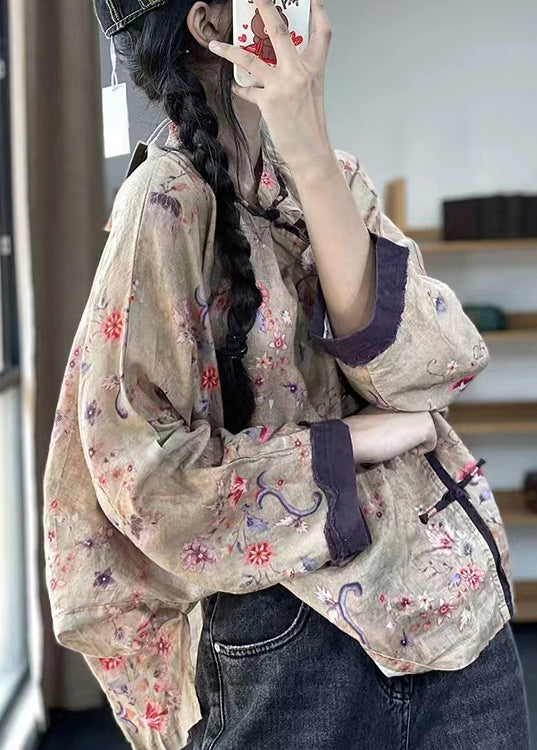 Loose Gray Bamboo Button Print Patchwork Cotton Shirts Long Sleeve