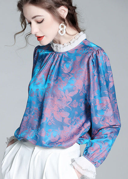 Blue Wrinkled Patchwork Print Silk Top Spring
