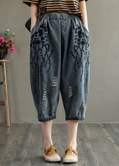 Grey Embroideried Hole Pockets Cotton Denim Crop Pants Summer