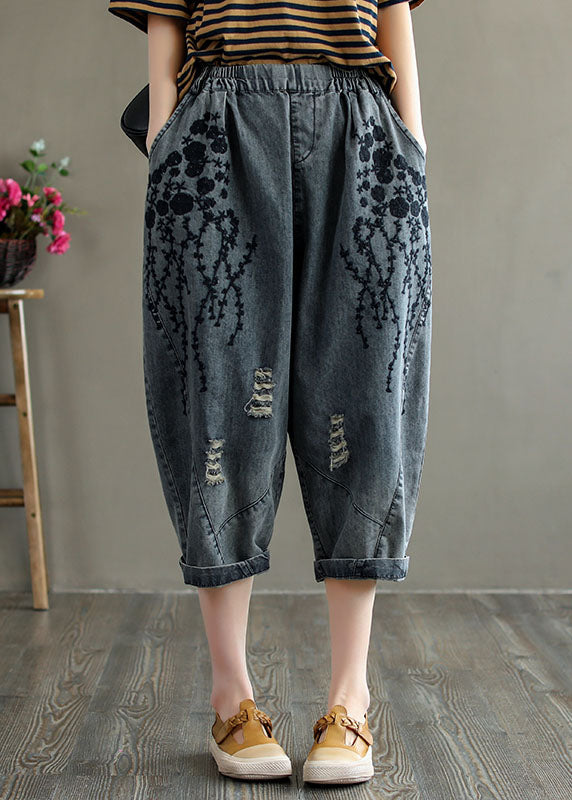 Grey Embroideried Hole Pockets Cotton Denim Crop Pants Summer