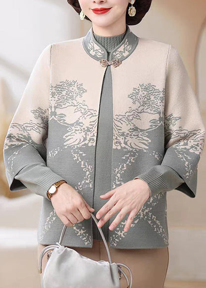Chinese Style Blue Stand Collar Cotton Knit Cardigans and Sweater Two Pieces Set Fall