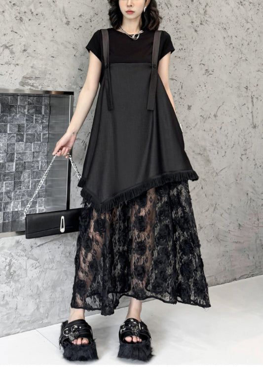 Black Ruffled Lace Patchwork Cotton Strap Dress Summer