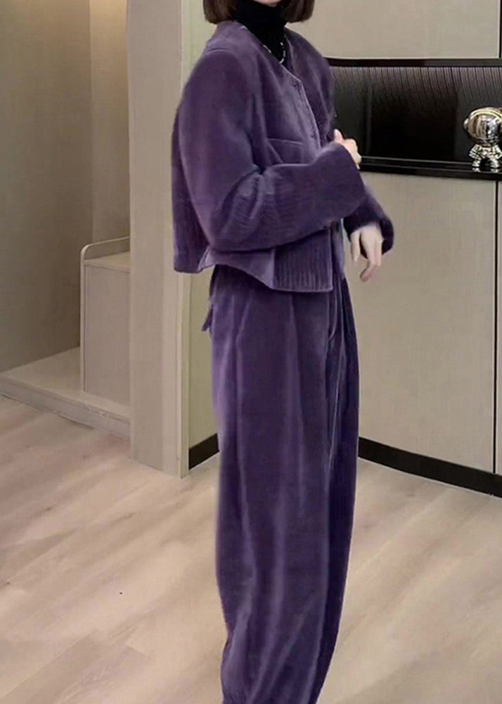 Modern Purple O-neck Button Silk Velour Coats and Wide Leg Pants Two Pieces Set Fall