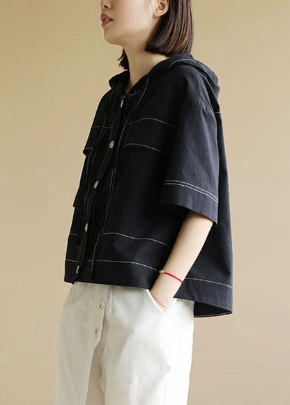 Navy Drawstring Hooded Cotton Short Coat Half Sleeve