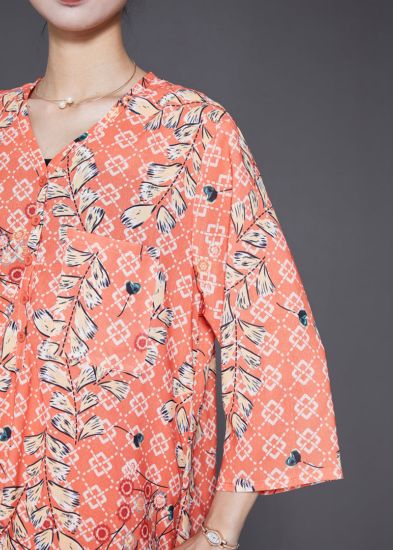 Orange V Neck Pring Cotton Two Piece Suit Set Fall
