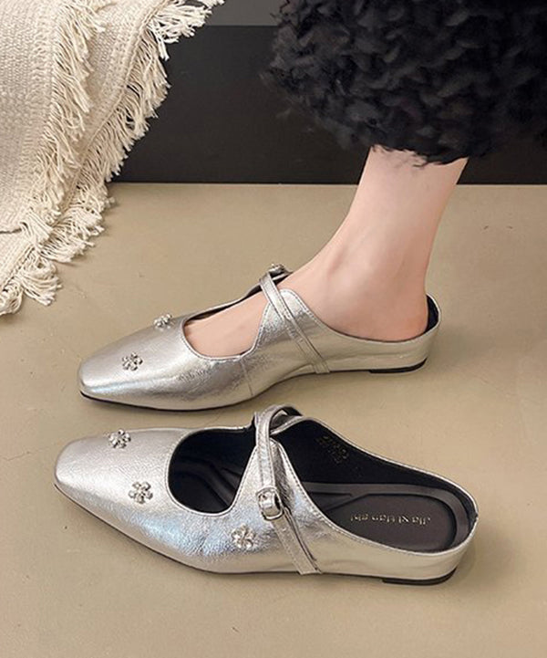 Splicing Silver Faux Leather Slide Sandals Zircon