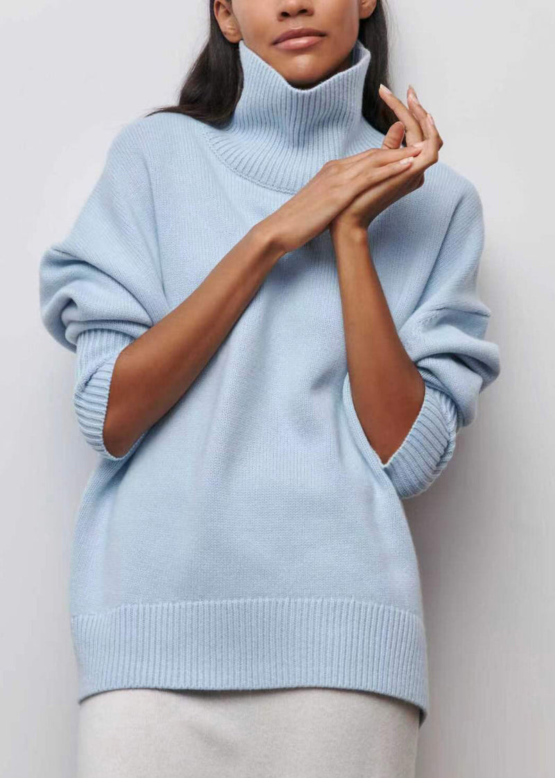 Simple Blue Turtleneck Knit Sweaters Spring