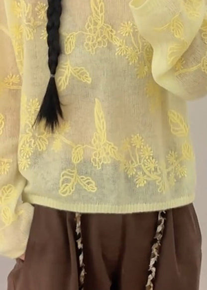 New Yellow Embroidered Thin Knit Sweaters Fall