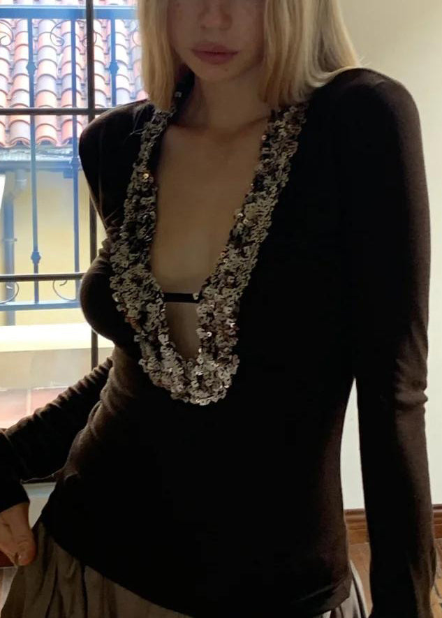 Coffee U Neck Sequins Silk Top Spring