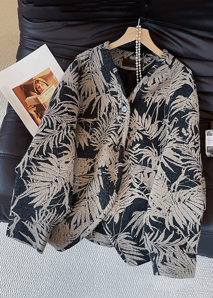 New Black V Neck Button Print Cotton Coats Fall