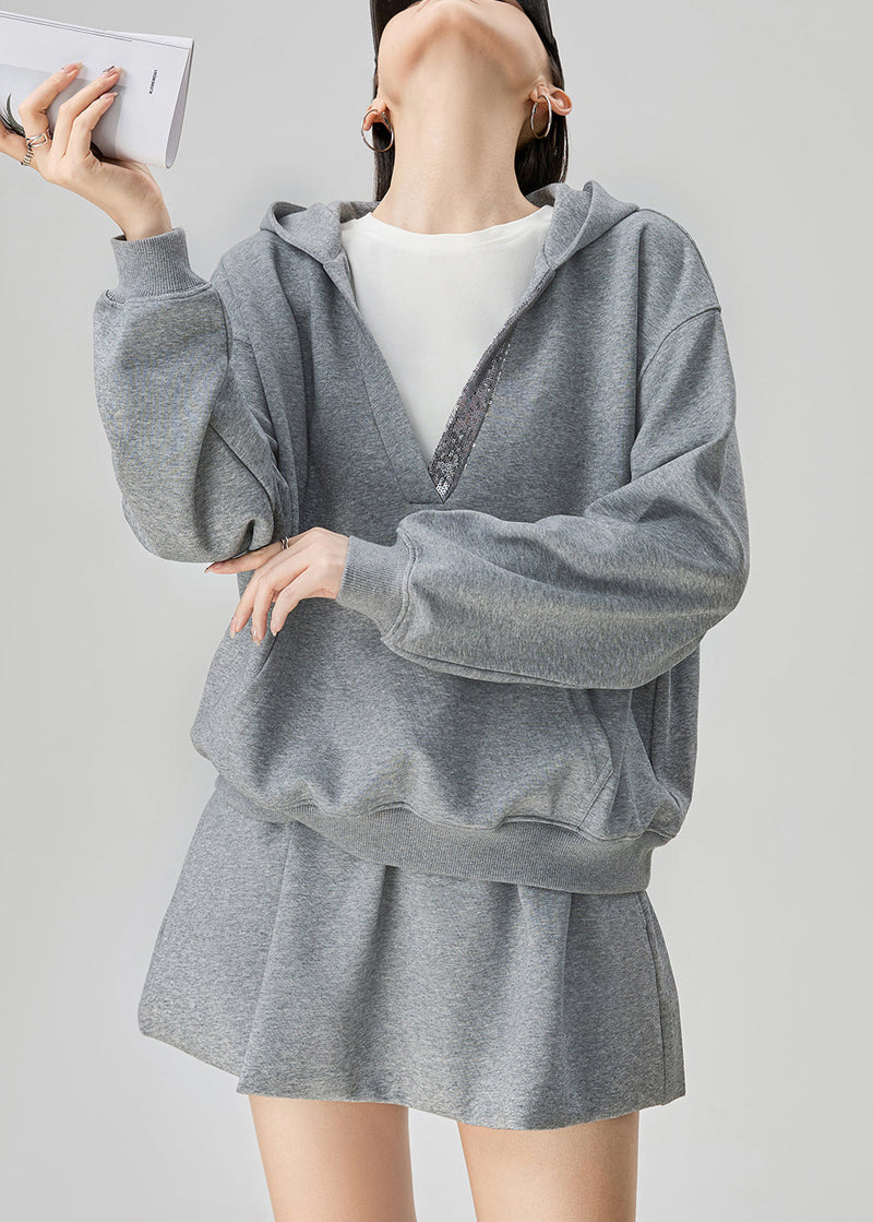 Grey Hooded Sweatshirt and Skirts Cotton Two Pieces Set Fall
