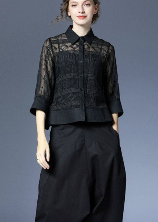 Black Peter Pan Collar Embroideried Tulle Two Pieces Set Summer