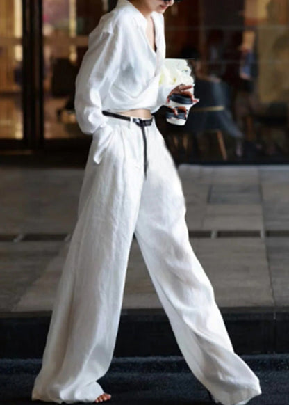 Natural White Peter Pan Collar High Waist Linen Shirts and Pants Two Pieces Set Long Sleeve