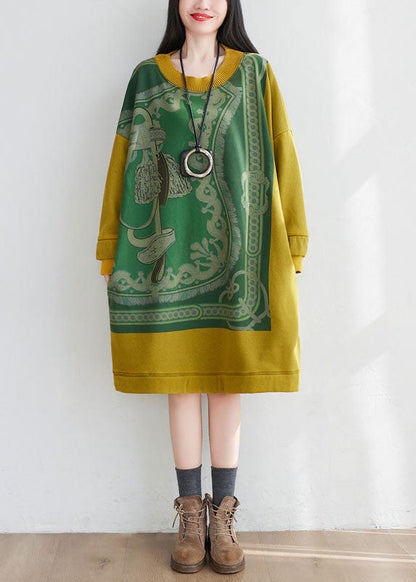 Yellow Patchwork Cotton Loose Sweatshirt Dress O-neck Print Spring