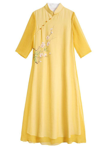 Unique Yellow Mandarin Collar Print Summer Dresses