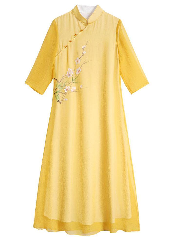 Unique Yellow Mandarin Collar Print Summer Dresses