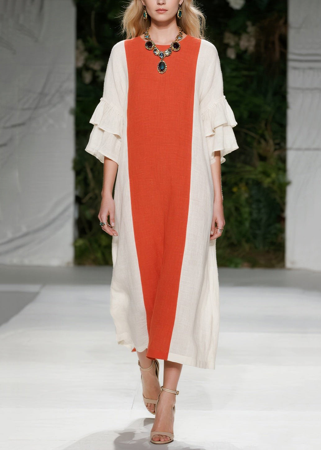 Orange Oversized Patchwork Cotton Maxi Dresses Flare Sleeve