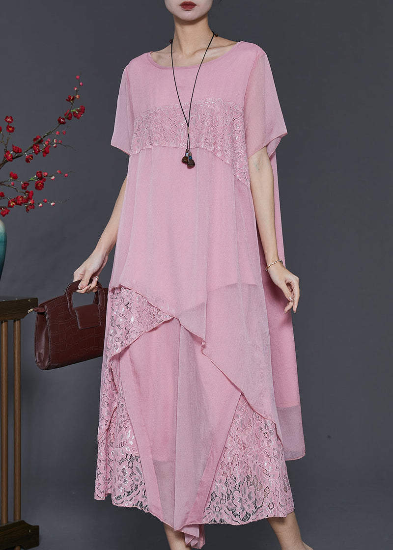 Pink Asymmetrical Patchwork Lace Chiffon Two Pieces Set Summer