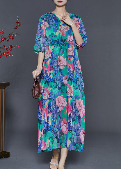 Blue Ruffled Print Chiffon Hooded Dress Summer