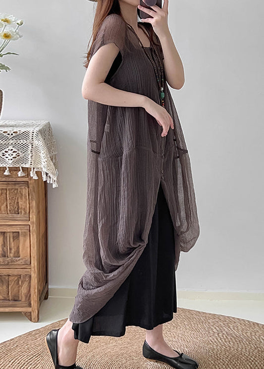Grey Silk Two Piece Set Clothing Asymmetrical Wrinkled Summer