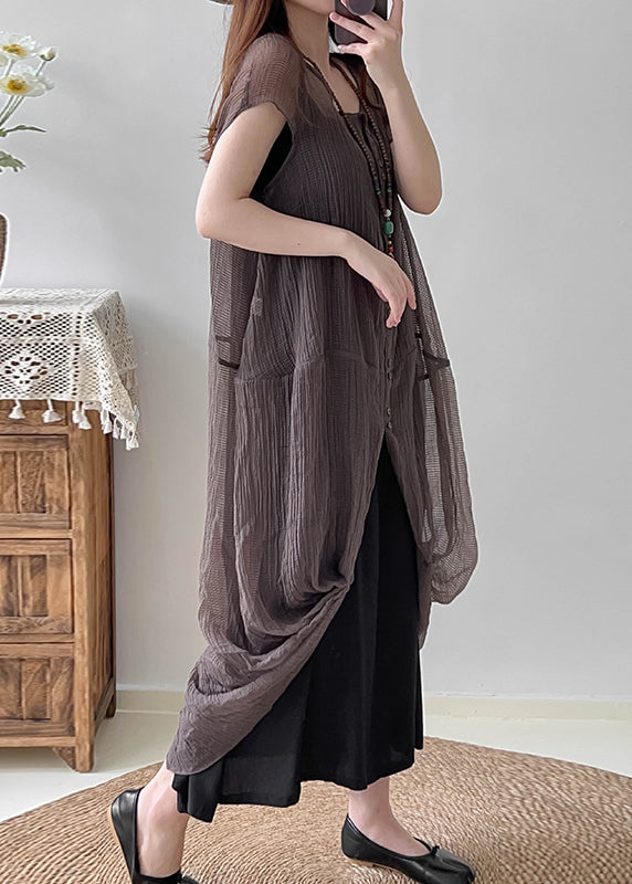 Grey Silk Two Piece Set Clothing Asymmetrical Wrinkled Summer