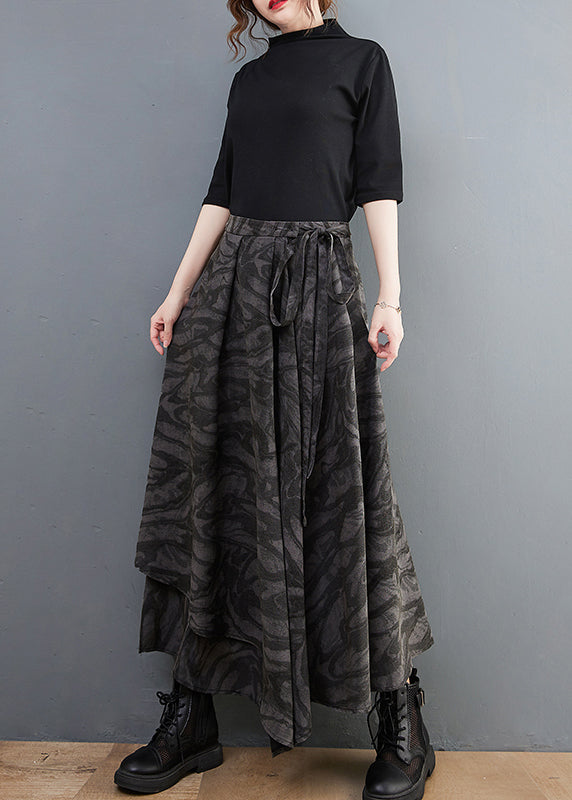 Handmade Black Elastic Waist Tie Waist Asymmetrical Print Skirt Spring