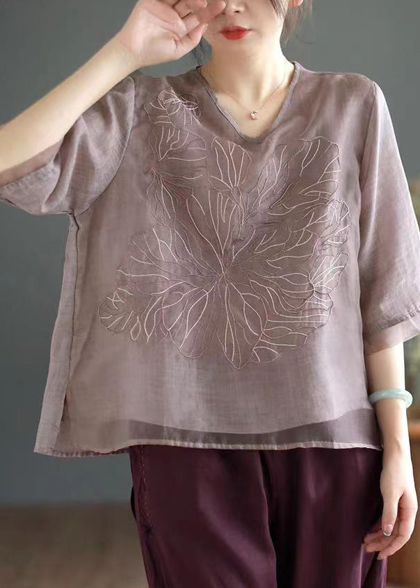 Orange V Neck Embroidered Organza Patchwork Linen Tops Summer