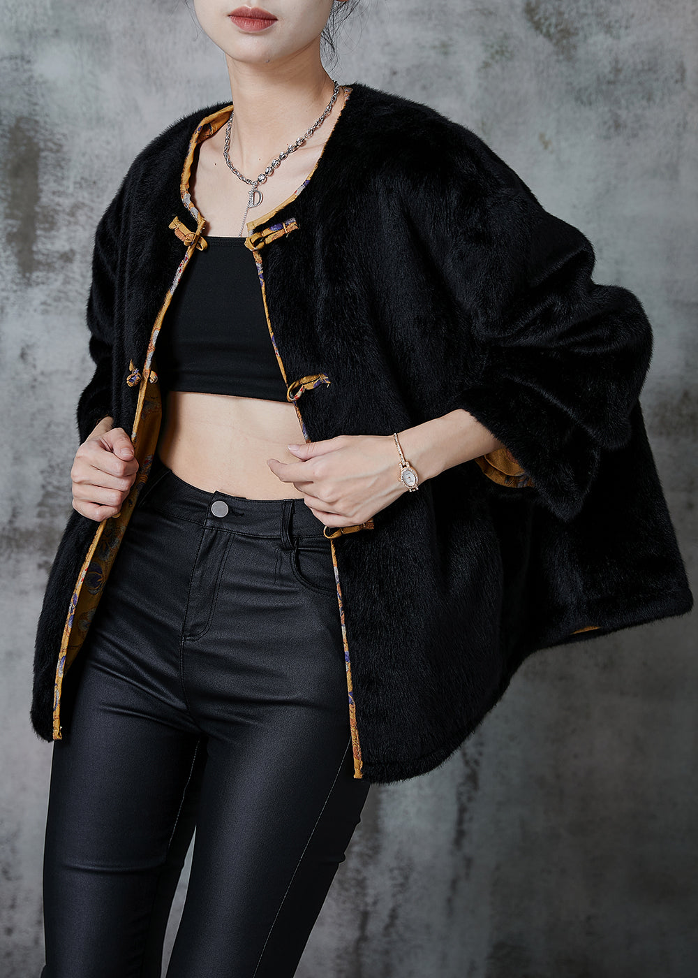 Simple Black Oversized Faux Mink Hair Wear on Both Sides Coats Winter